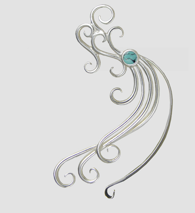 Sterling Silver Wind And Waves Left Only Ear Cuff Wrap With Chinese Turquoise